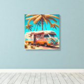 Retro RV en palmbomen Canvas Afdruk (Insitu (Houten vloer))