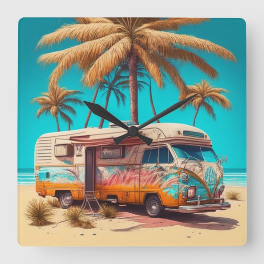 Retro RV en palmbomen Vierkante Klok (Voorkant)