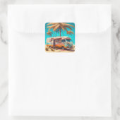 Retro RV en palmbomen Vierkante Sticker (Tas)
