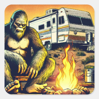 Retro RV Sasquatch Camping Vierkante Sticker