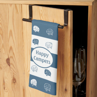 Retro RV Trailer Happy Campers Dusty Blue & White Theedoek