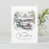 Retro Sage Boerderij Truck Christmas Corporate Feestdagenkaart (Staand voorkant)