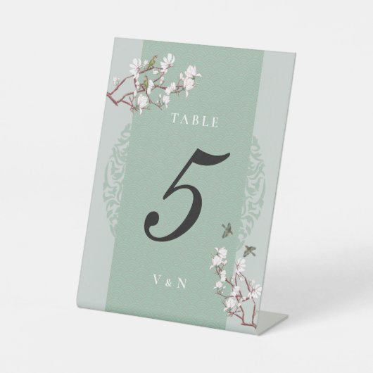 Retro Sage Green Chinoiserie Table Number Reclamebord Met Voetstuk (Voorkant)