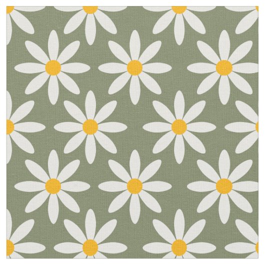 Retro Sage Green Daisies Floral Pattern Stof (Close Up)