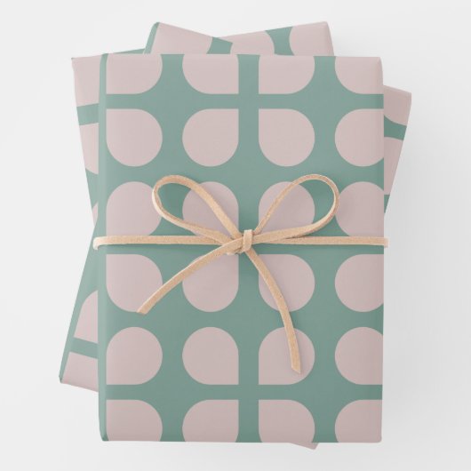Retro Sage Pastel Mid Century Petals Patroon Inpakpapier Vel (In situ)