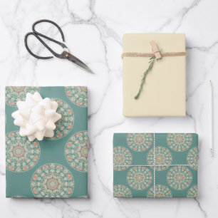 Retro Sage & Sand  Bloemen Polka Dot Mandala Inpakpapier Vel