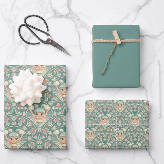 Retro Sage & Zand Cheerleader Mandala Deco Scallop Inpakpapier Vel (Voorkant)