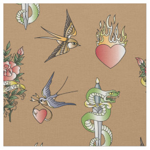 Retro Sailor Tattoo Print Stof