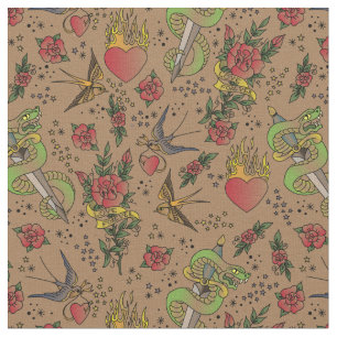 Retro Sailor Tattoo Print Stof