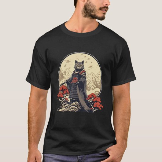 Retro Samurai Cat  Japanese Inspired Cat T-shirt (Voorkant)