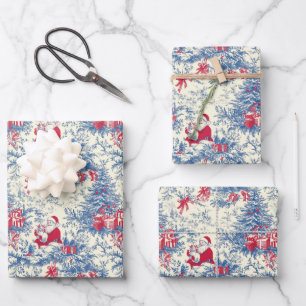 Retro Santa Blue & Red Christmas Tree Toile Wrap Inpakpapier Vel