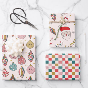 Retro Santa Checker Happy Ornamenten Inpakpapier Vel