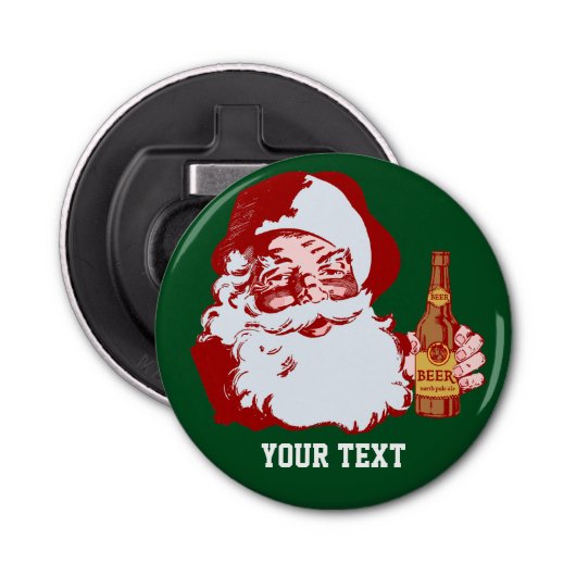 Retro Santa Claus met een kerstcadeau voor bier Button Flesopener (Voorkant)