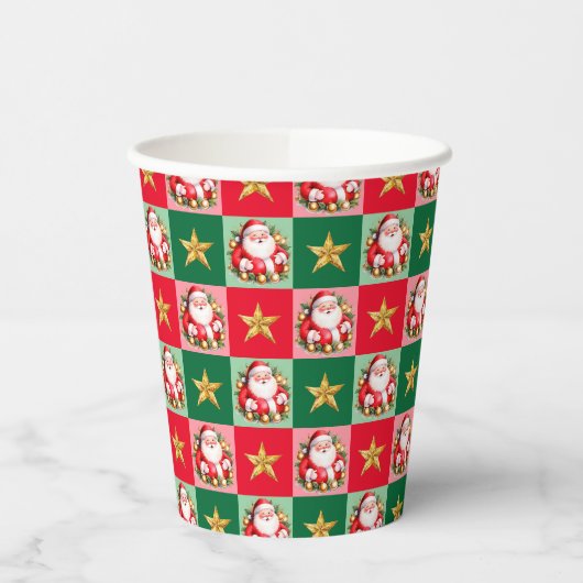Retro Santa Claus Tartan Plaid Kerstmis Papieren Bekers (Links)