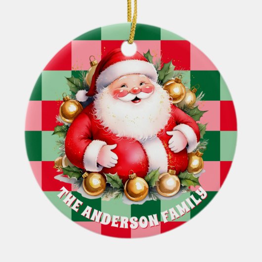 Retro Santa Claus Tartan Plaid Kerstversiering Keramisch Ornament (Voorkant)