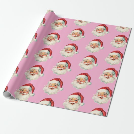 Retro Santa Face Christmas Pink Cadeaupapier (Uitgerold)
