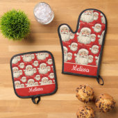 Retro Santa Face Rood Ovenwant & Pannenlap Set (Top down)