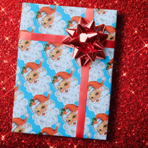 Retro Santa gezicht Christmas Blue Cadeaupapier