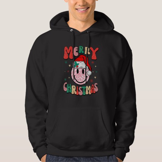 Retro Santa Hat Leopard Smile Face  Christmas Hoodie (Voorkant)