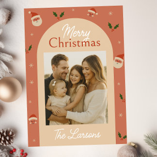 Retro Santa & Holly Arch Christmas Card Feestdagenkaart
