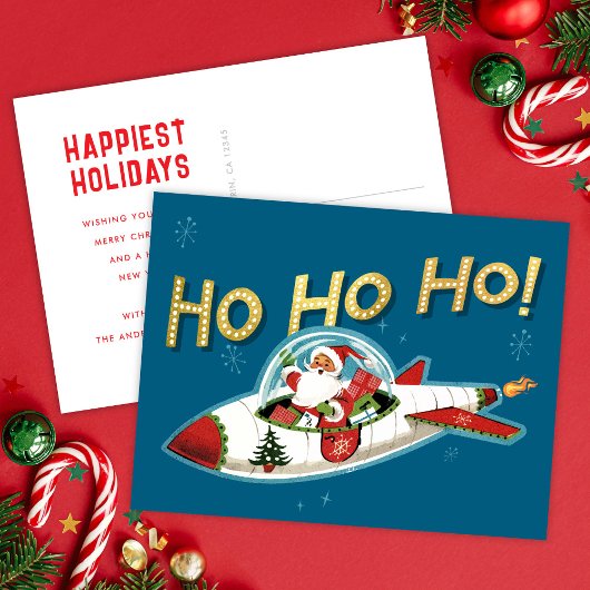 Retro Santa in Rocket Ho Ho Ho Non-Photo Christmas Feestdagenkaart