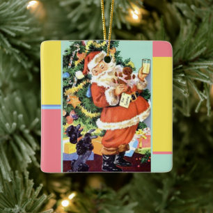 Retro Santa, Koekjes en Melk, en Dansende Poodle Keramisch Ornament