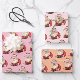 Retro Santa Pastel Roze Kerst Verpakkingspapier Inpakpapier Vel