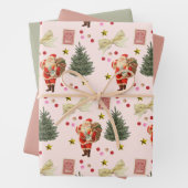 Retro Santa Pink & Sage Christmas Wrapping Sheets Inpakpapier Vel (In situ)
