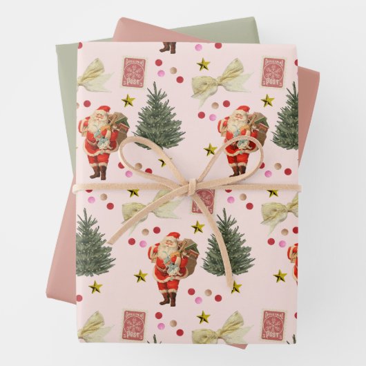 Retro Santa Pink & Sage Christmas Wrapping Sheets Inpakpapier Vel (In situ)
