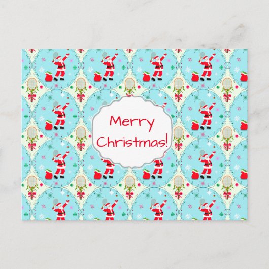 Retro Santa Plays Tennis Ogee Pattern Holiday P Feestdagenkaart (Voorkant)