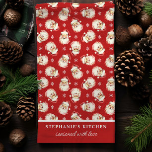 Retro Santa Red Gepersonaliseerde Naam Kerstmis Theedoek
