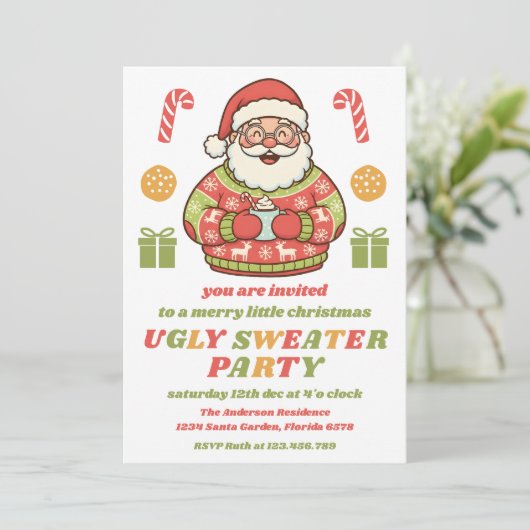 Retro Santa Ugly Sweater Party Editable Kaart (Staand voorkant)