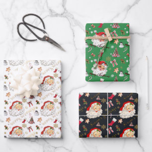Retro Santa White Green en Black Holiday Greeting Inpakpapier Vel