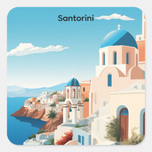 Retro Santorini Griekenland Mediterraan Blauw & Wi Vierkante Sticker