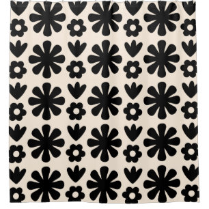 Retro Scandinavian Floral Pattern Black & Cream Douchegordijn