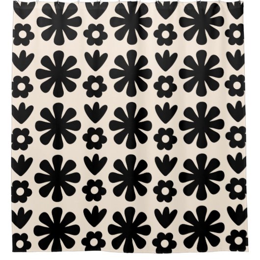 Retro Scandinavian Floral Pattern Black & Cream Douchegordijn (Voorkant)