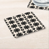 Retro Scandinavian Floral Pattern Black & Cream Vierkante Kartonnen Onderzetter (Schuin)