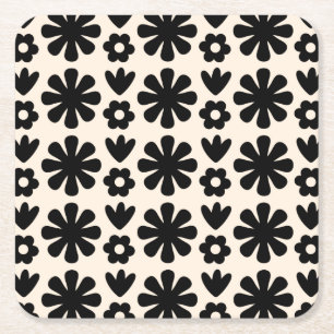 Retro Scandinavian Floral Pattern Black & Cream Vierkante Kartonnen Onderzetter