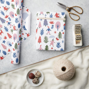 Retro Scandinavische Winter Ski Kerstmis Cadeaupapier