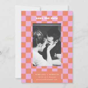 Retro Schaakbord Roze Oranje Mod Trouwfoto Save The Date