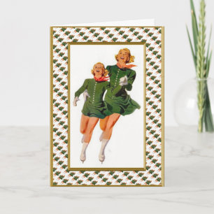 Retro schaatsers feestdagen kaart