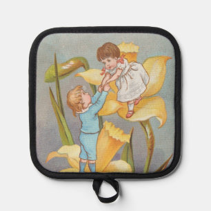 Retro Schattig Zoete Valentijn, kinderen en narcis Pannenlap