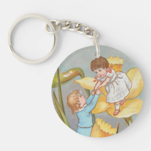 Retro Schattig Zoete Valentijn, kinderen en narcis Sleutelhanger