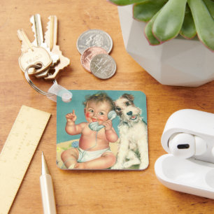 Retro Schattige Baby Praat Op De Telefoon Puppy Ho Sleutelhanger