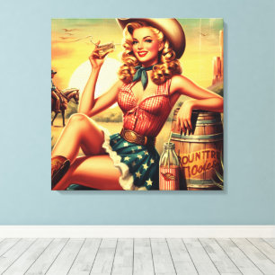 Retro Schattige Cowgirl Canvas Afdruk