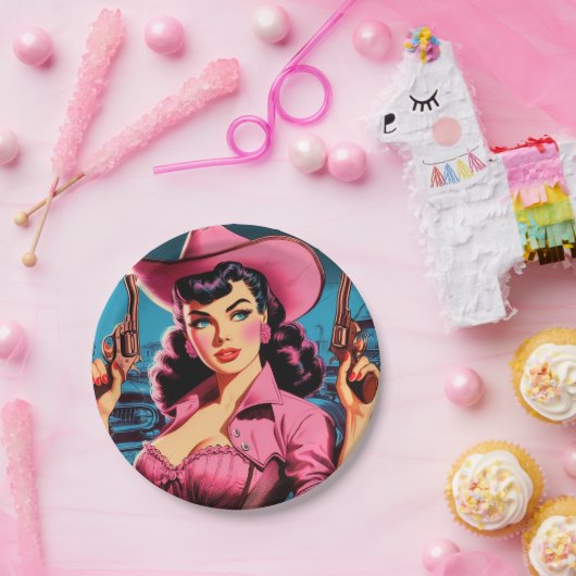 Retro Schattige Cowgirl Papieren Bordje (Feest)