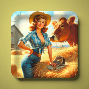 Retro Schattige Cowgirl Pin-up Papieren Bordje