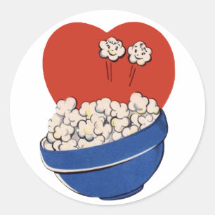 Retro schattige humor, kom popcorn voor de films! ronde sticker