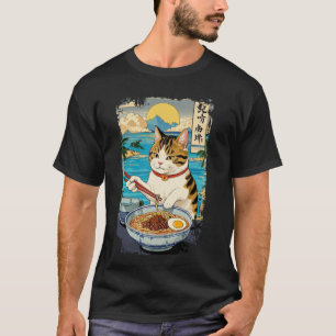 Retro Schattige Kat Eet Japanse Ramen Noedel Manne T-shirt
