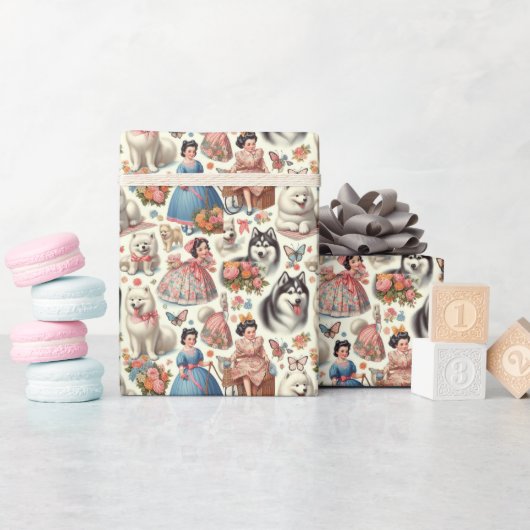 Retro Schattigee Amerikaanse Eskimo Naadloos Cadeaupapier (Baby Shower)